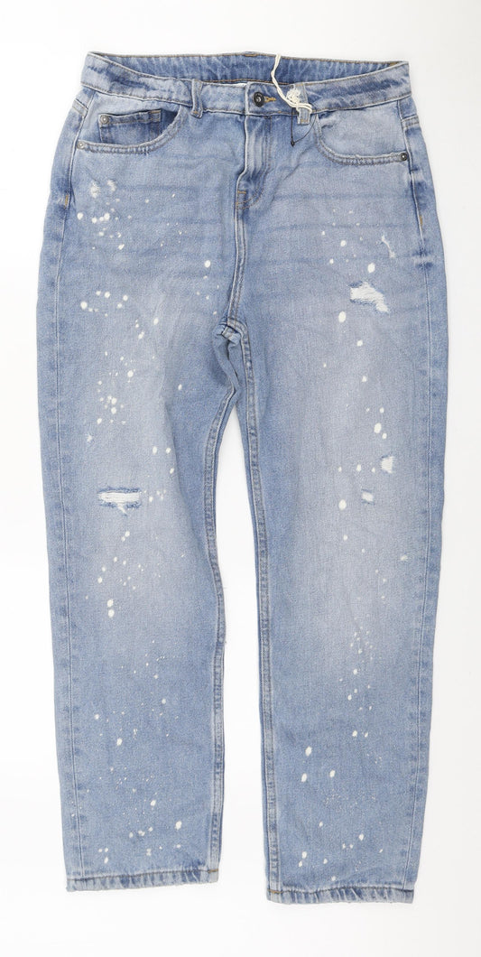 Marks and Spencer Girls Blue Cotton Boyfriend Jeans Size 13-14 Years Regular Zip - Bleach speckles