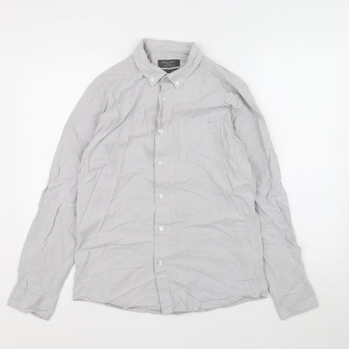 Primark Mens Grey Cotton Button-Up Size M Collared Button