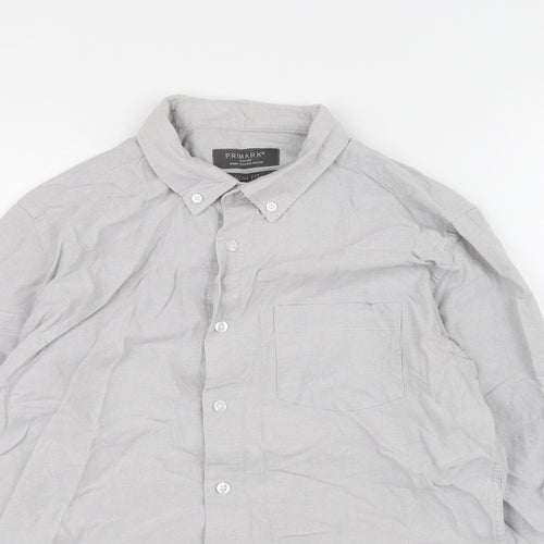 Primark Mens Grey Cotton Button-Up Size M Collared Button