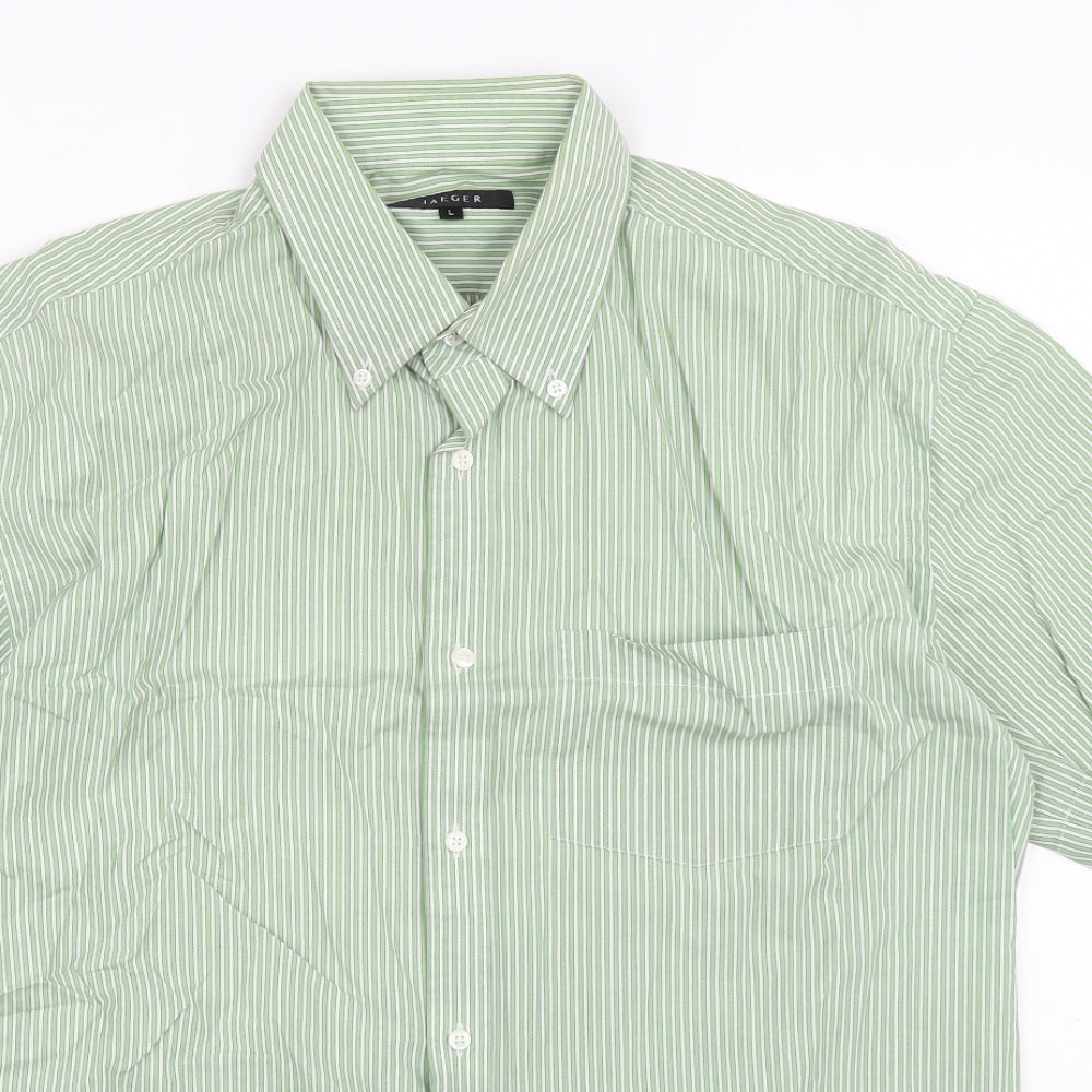Jager Mens Green Striped Cotton Button-Up Size L Collared Button