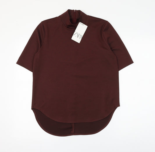 Zara Womens Brown Polyester Basic Blouse Size S Mock Neck