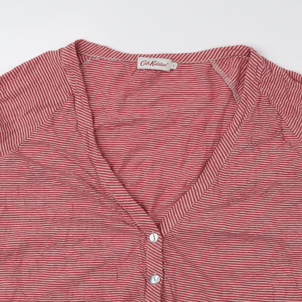 Cath Kidston Womens Red V-Neck Striped 100% Cotton Cardigan Jumper Size S