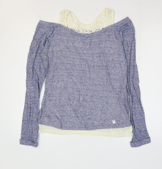 Hudson & Rose Womens Blue Cotton Basic Blouse Size 12 Round Neck - Cold Shoulder Lace Detail