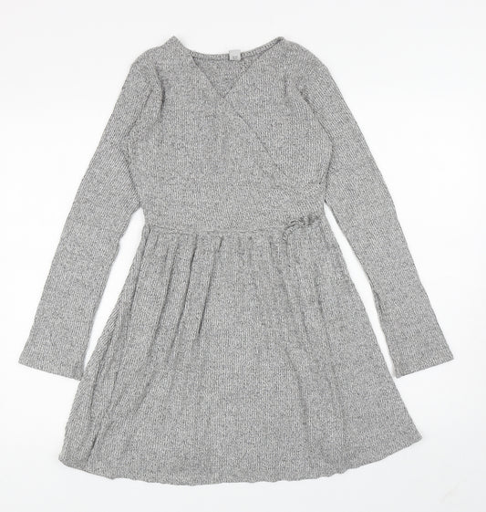 TU Girls Grey Viscose Jumper Dress Size 12 Years V-Neck Pullover