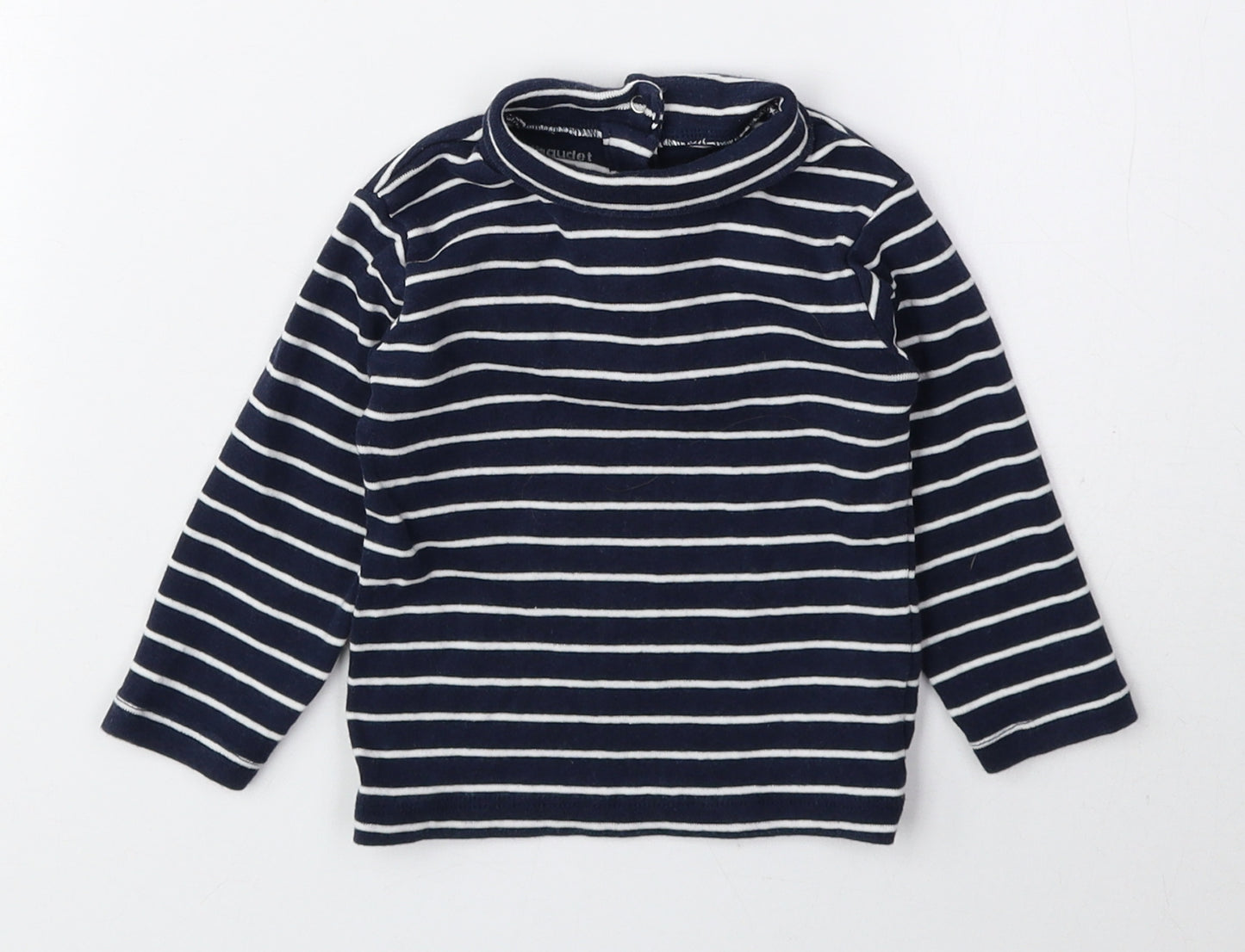 Vertbaudet Blue Striped 100% Cotton Basic T-Shirt Size 6-9 Months Roll Neck Snap