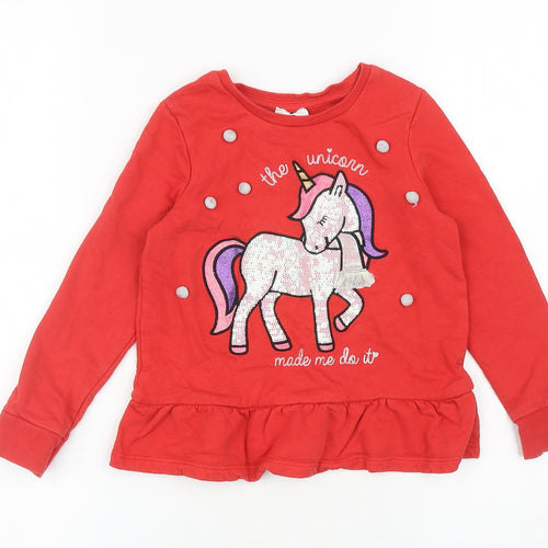 George Girls Red Cotton Pullover Sweatshirt Size 4-5 Years Pullover - Unicorn