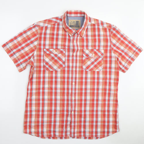Marks and Spencer Mens Orange Plaid Cotton Button-Up Size L Collared Button