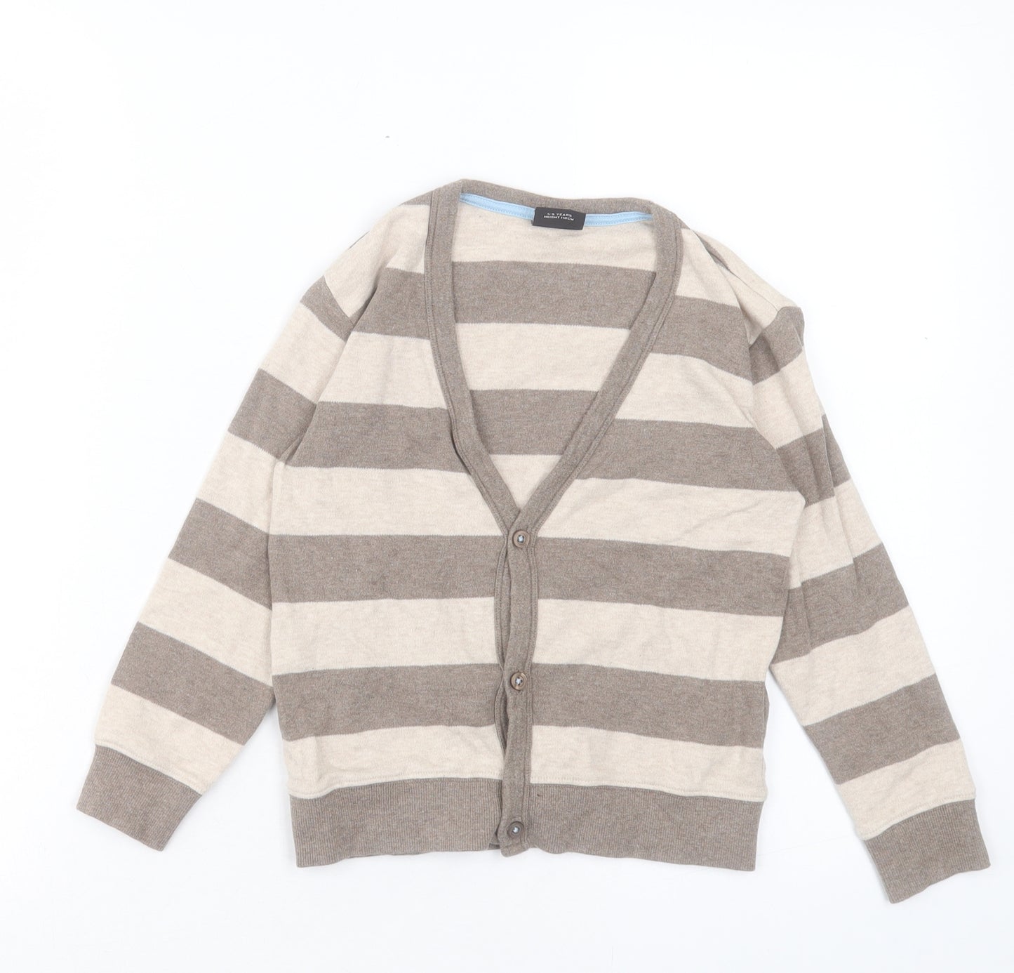 NEXT Girls Brown V-Neck Striped Cotton Cardigan Jumper Size 4-5 Years Button