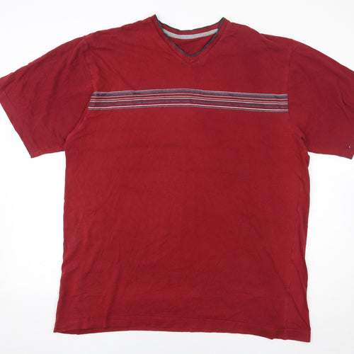 BHS Mens Red Cotton T-Shirt Size L V-Neck - Striped front.