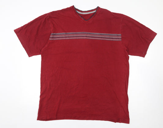 BHS Mens Red Cotton T-Shirt Size L V-Neck - Striped front.
