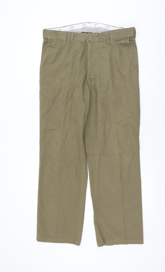 BHS Mens Green Cotton Chino Trousers Size 32 in L29 in Regular Zip