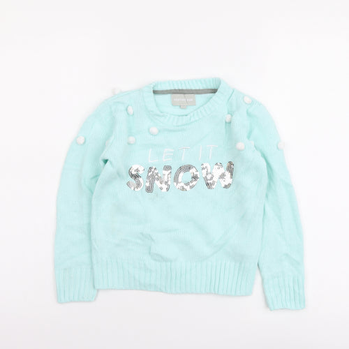 Festive Fun Girls Green Round Neck Acrylic Pullover Jumper Size 5-6 Years Pullover - Let it snow