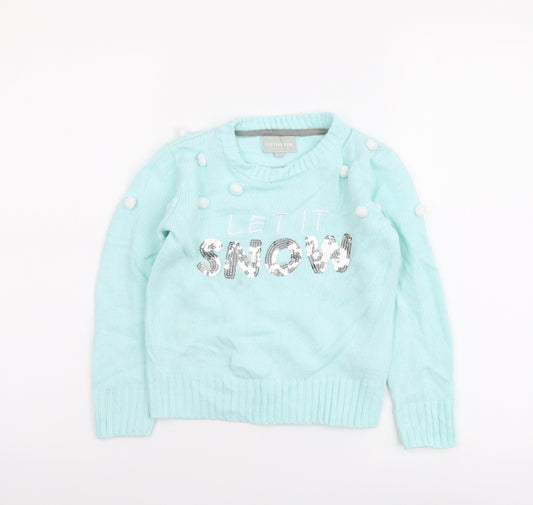 Festive Fun Girls Green Round Neck Acrylic Pullover Jumper Size 5-6 Years Pullover - Let it snow