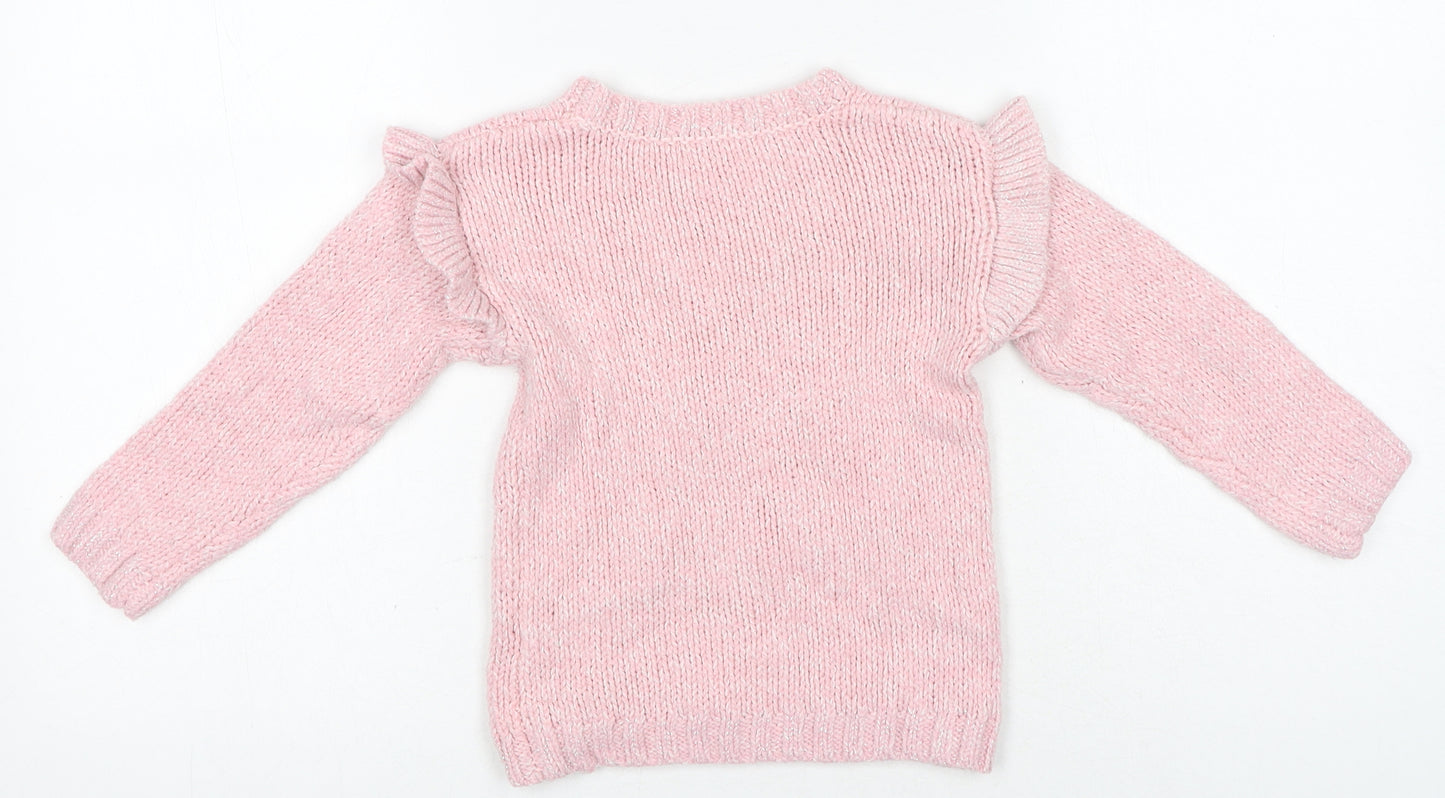 Preworn Girls Pink Crew Neck Acrylic Pullover Jumper Size 2-3 Years Pullover - Bobbles