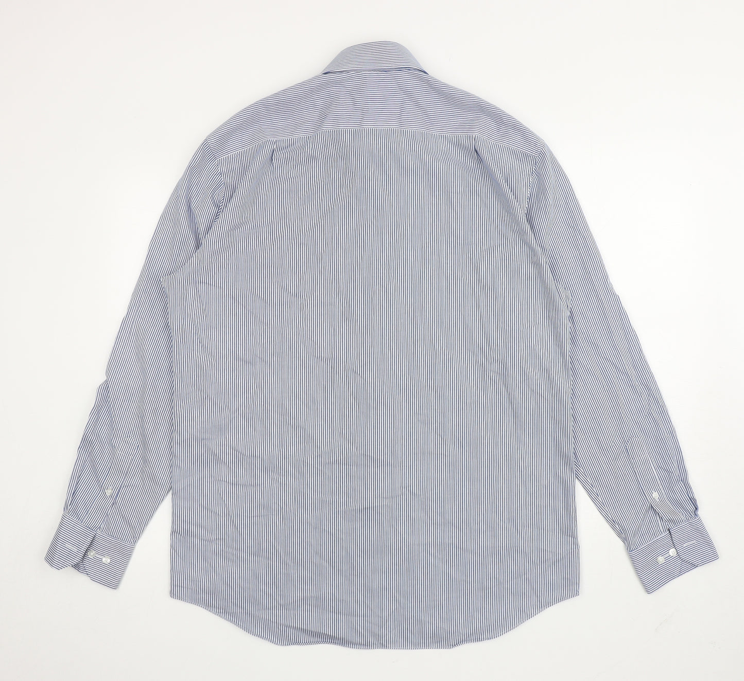 Marks and Spencer Mens Blue Striped Cotton Button-Up Size 16 Collared Button