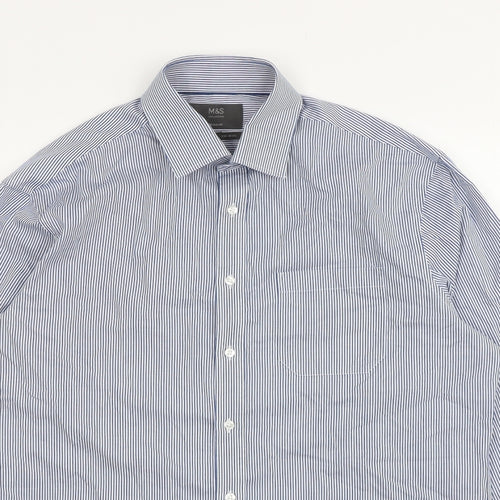 Marks and Spencer Mens Blue Striped Cotton Button-Up Size 16 Collared Button