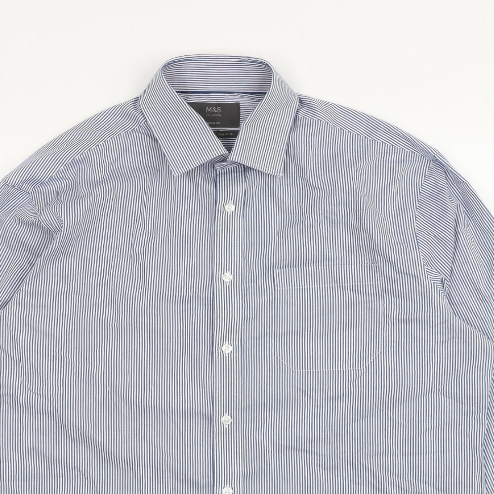 Marks and Spencer Mens Blue Striped Cotton Button-Up Size 16 Collared Button