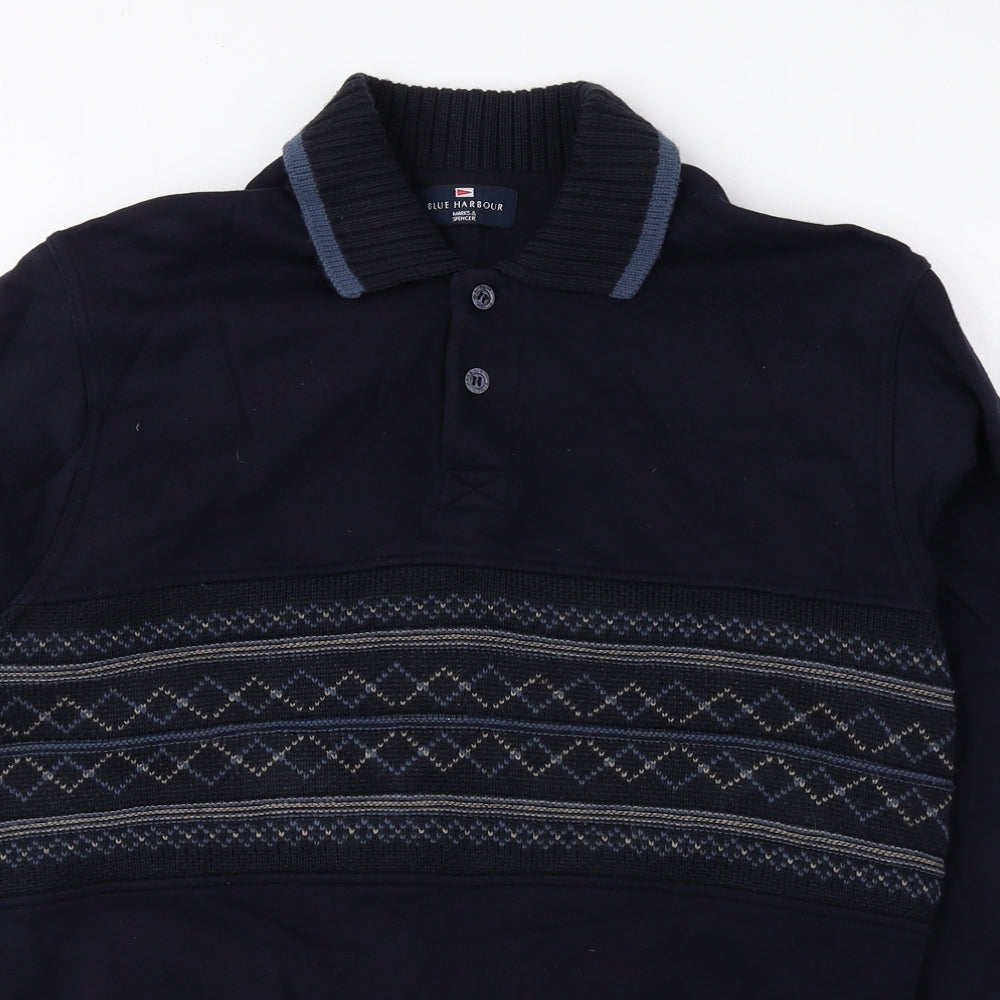 Blue Harbour Mens Blue Geometric Cotton Pullover Sweatshirt Size S