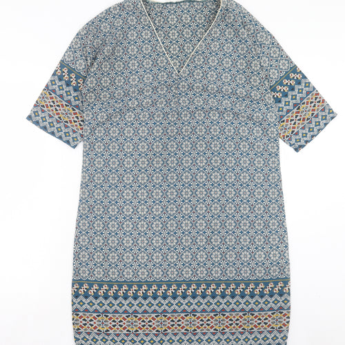 Cache Cache Womens Blue Geometric Polyester A-Line Size 10 V-Neck Pullover