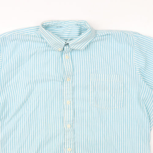 Preworn Mens Blue Striped Polyester Button-Up Size XL Collared Button