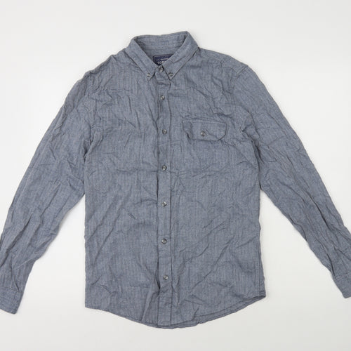 Topman Mens Blue Herringbone Cotton Button-Up Size S Collared Button