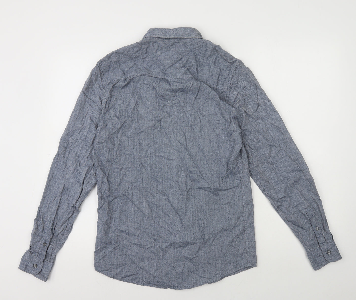 Topman Mens Blue Herringbone Cotton Button-Up Size S Collared Button