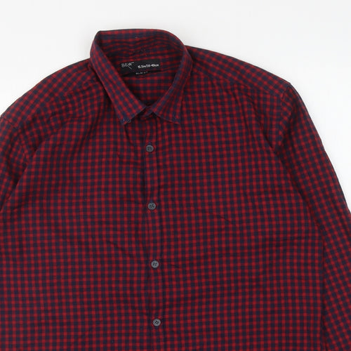 B&W Mens Red Check Cotton Button-Up Size 15.5 Collared Button