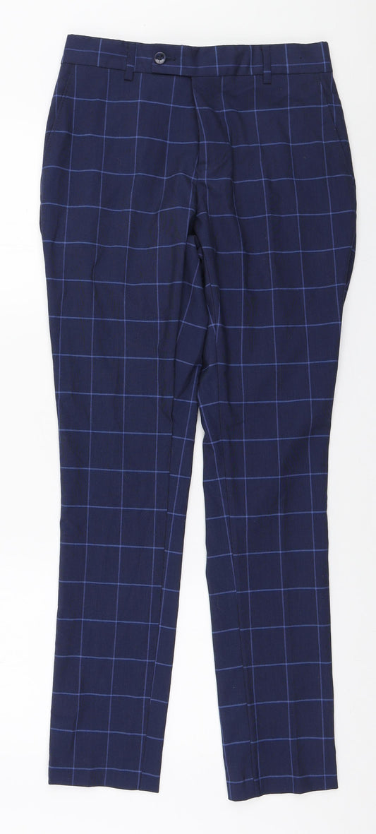 Boohoo Mens Blue Check Polyester Trousers Size 28 in L29 in Slim Zip