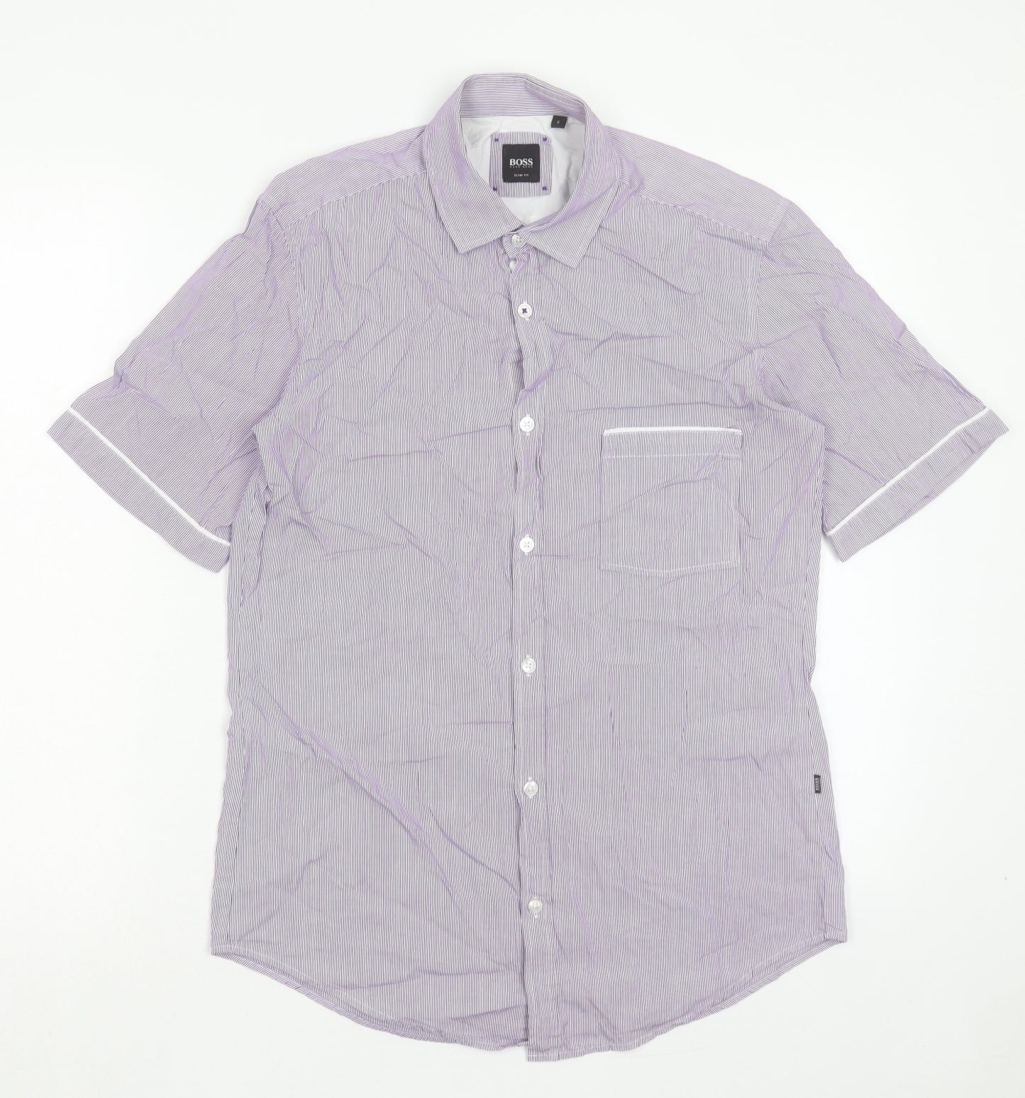 HUGO BOSS Mens Purple Striped Cotton Dress Shirt Size S Collared Button - Pocket Detail