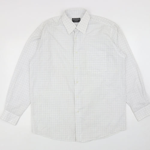 Cedar Wood State Mens White Plaid Polyester Button-Up Size L Collared Button