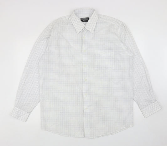 Cedar Wood State Mens White Plaid Polyester Button-Up Size L Collared Button