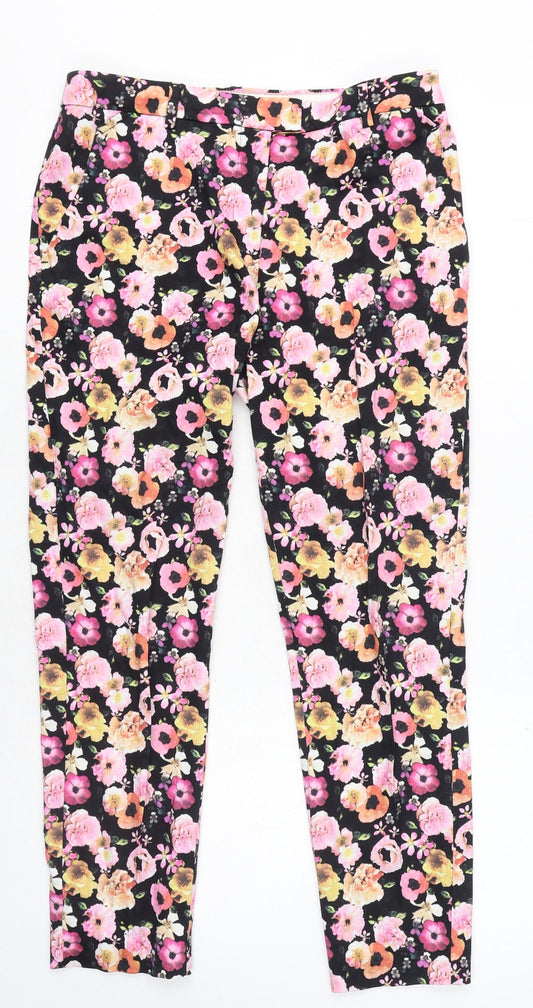 H&M Womens Multicoloured Floral Cotton Capri Trousers Size 10 L26 in Regular Button - Zip
