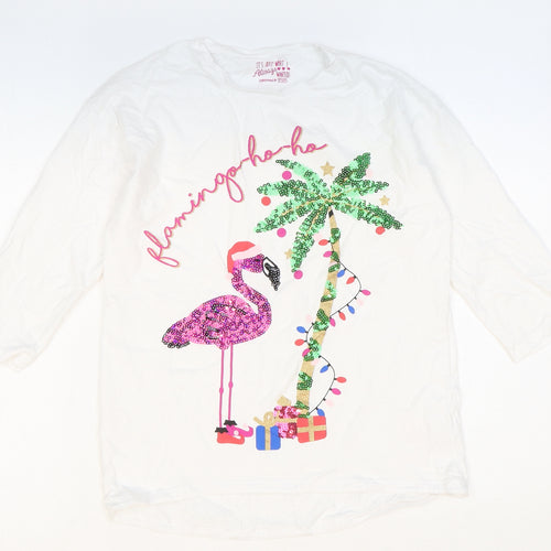F&F Girls White 100% Cotton Top Pyjama Top Size 11-12 Years Pullover - Christmas Flamingo