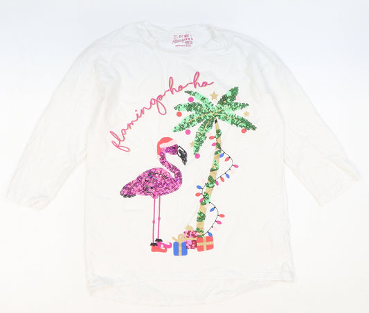 F&F Girls White 100% Cotton Top Pyjama Top Size 11-12 Years Pullover - Christmas Flamingo