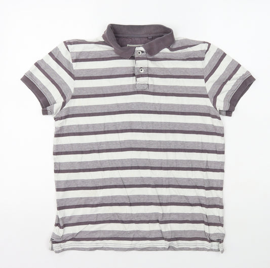 TU Mens Grey Striped Cotton Polo Size S Collared Button