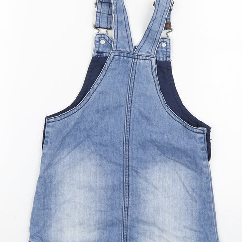 NEXT Girls Blue Cotton Pinafore/Dungaree Dress Size 2-3 Years Square Neck Button