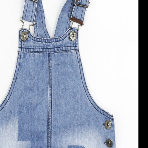 NEXT Girls Blue Cotton Pinafore/Dungaree Dress Size 2-3 Years Square Neck Button