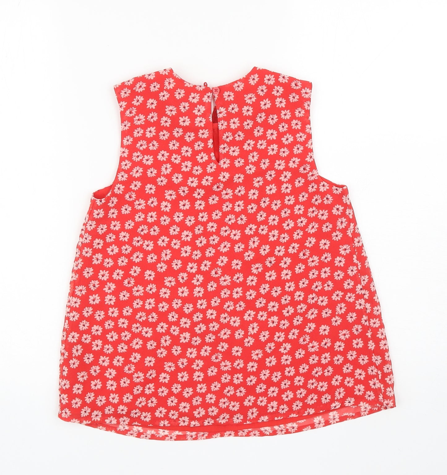 George Girls Red Floral Polyester Tank Dress Size 9-10 Years Scoop Neck Button - Embellished Neckline
