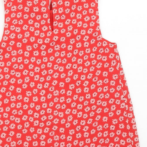 George Girls Red Floral Polyester Tank Dress Size 9-10 Years Scoop Neck Button - Embellished Neckline