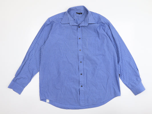 George Mens Blue Striped Cotton Button-Up Size 16 Collared Button