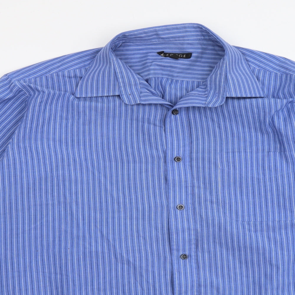 George Mens Blue Striped Cotton Button-Up Size 16 Collared Button