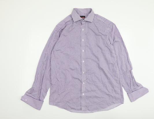 Pierre Cardin Mens Purple Striped Cotton Button-Up Size 16 Collared Button