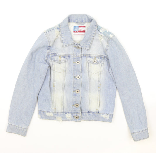 Young Dimension Girls Blue Geometric Jacket Size 9-10 Years Button - American Flag Distressed