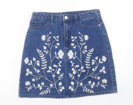 H&M Womens Blue Paisley Cotton A-Line Skirt Size 10 Regular Button