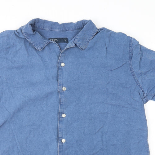 Easy Mens Blue Cotton Button-Up Size L Collared Button
