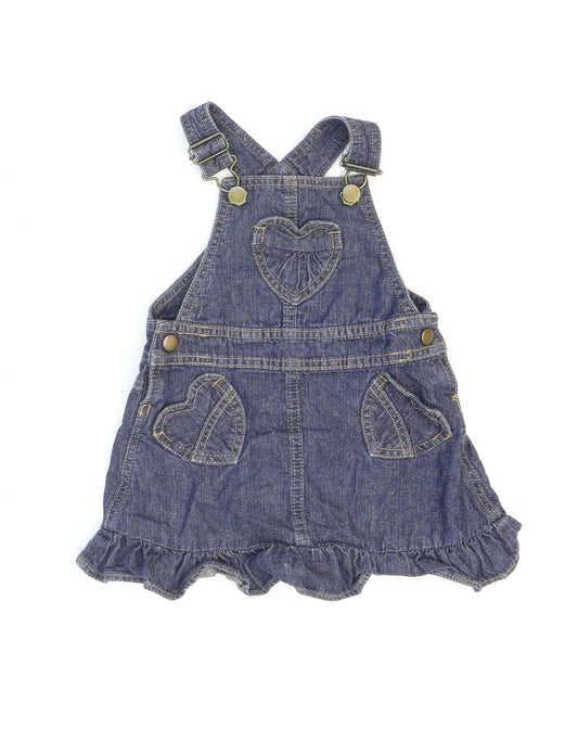 NEXT Girls Blue Cotton Pinafore/Dungaree Dress Size 2 Years Square Neck Buckle - Hearts