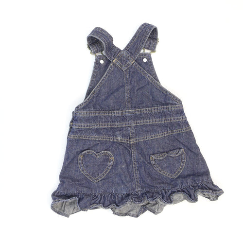 NEXT Girls Blue Cotton Pinafore/Dungaree Dress Size 2 Years Square Neck Buckle - Hearts