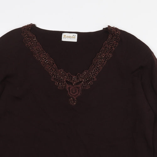 Roman Originals Womens Brown Viscose Basic Blouse Size M V-Neck - Embroidered Detail