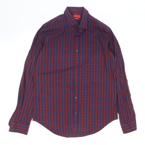 Zara Mens Purple Check Polyester Button-Up Size M Collared Button