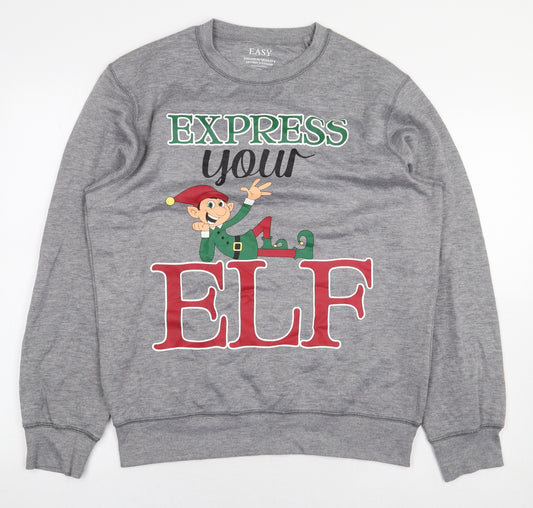 Easy Mens Grey Polyester Pullover Sweatshirt Size M - Elf, Christmas Jumper